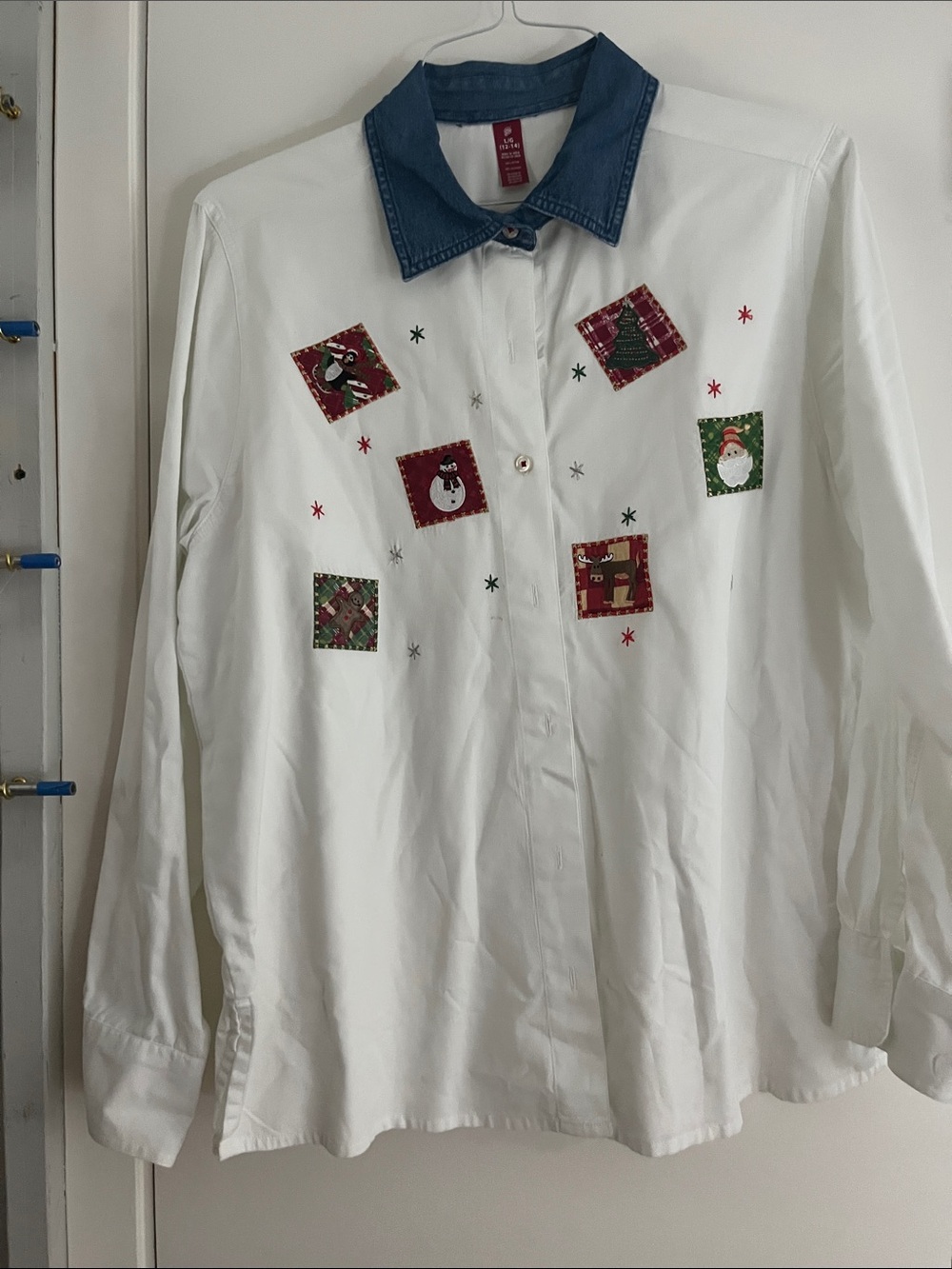 White Button-Down Shirt with Denim Collar and Holiday Patches